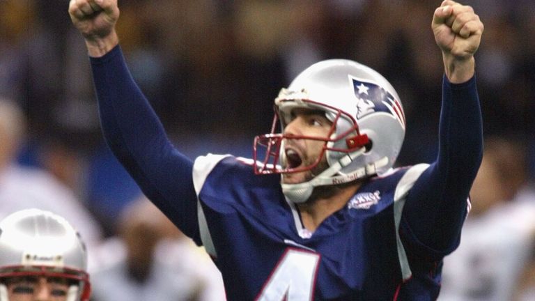 Patriots kicker Adam Vinatieri celebrates as he fires through the game-winning field goal in Super Bowl XXXVI