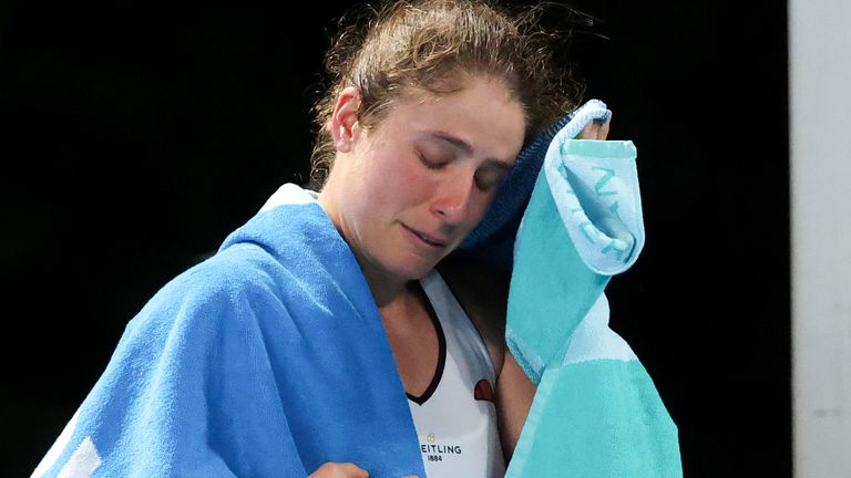 A tearful Johanna Konta was forced to retire from her match against Slovenia's Kaja Juvan at the Australian Open