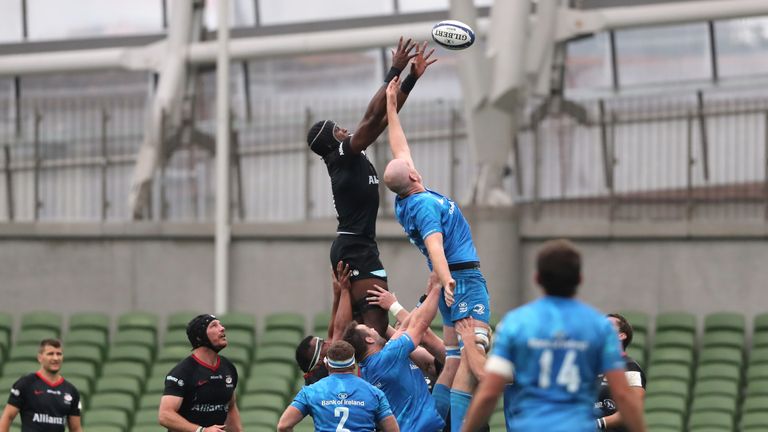 Saracens' Itoje catches the ball from the line-out during the European Champions Cup quarter-final against Leinster in September