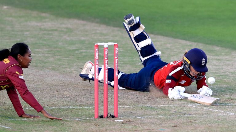 England's Tammy Beaumont makes it back to the crease during the first IT20 match against the West Indies in Derby in September (Pic: PA)