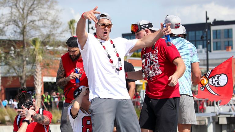 Tampa Bay Buccaneers tight end Rob Gronkowski joins the celebrations