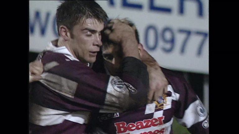 Ikram Butt - the first British South Asian to play rugby league for England - scores for Featherstone against Hull during the 1995 Big League season