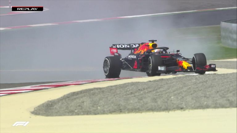 Red Bull's Max Verstappen has an early spin out of turn 2 during the morning session of testing in Bahrain