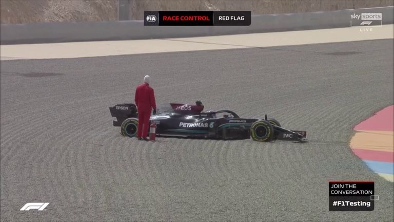 Mercedes' Lewis Hamilton brought out the red flag during the morning session of testing on day 2 in Bahrain, after spinning his car at turn 13, beaching the W12 in the process