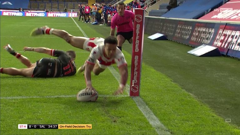 Regan Grace's try extended St Helens' lead, despite it appearing like Mark Percival ripped the ball out of Kallum Watkins' hands whilst being tackled by Agnatius Paasi