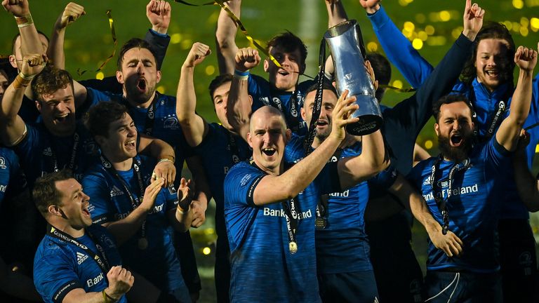 Leinster's Devin Toner - who may well be departing - lifts the PRO14 trophy at the RDS in Dublin for a record fourth year in succession