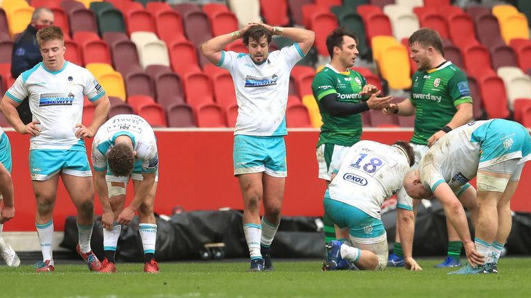 London Irish celebrate after the final whistle at the Brentford Community Stadium