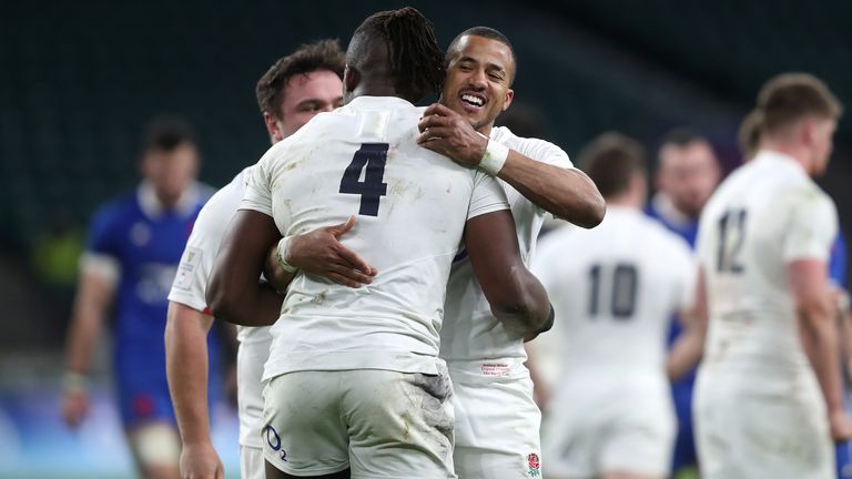 England try scorers Maro Itoje and Anthony Watson celebrate a brilliant victory 