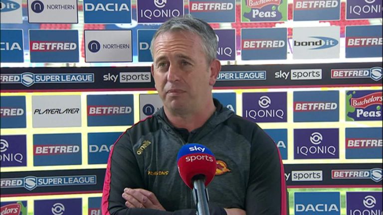 Catalans Dragons coach Steve McNamara reacts to his side's win over the Huddersfield Giants. 