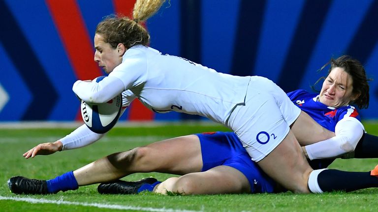 Abby Dow touches down to score England's second try in Lille