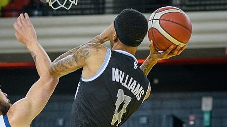 Dirk Williams of the London Lions rises to the basket against the Bristol Flyers