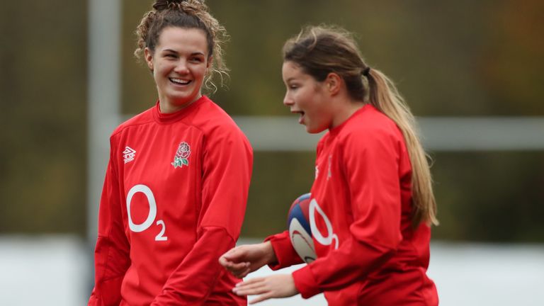 Breach (r) shares a joke with Ellie Kildunne in England training