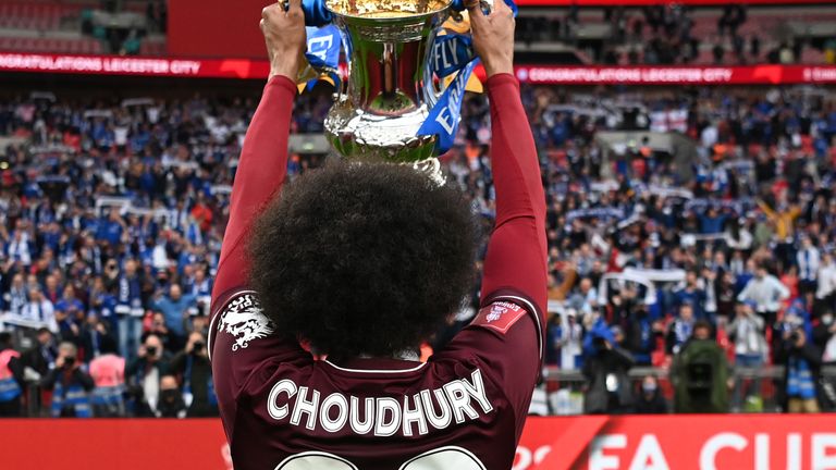 Leicester City's Hamza Choudhury proudly lifts the FA Cup trophy