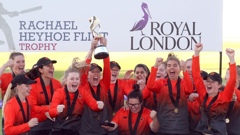 Southern Vipers celebrate winning the Rachael Heyhoe Flint Trophy in 2020 after beating Northern Diamonds in the final