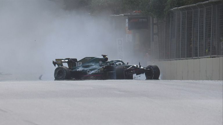 Lance Stroll's Aston Martin picks up a puncture and crashes at high speed on the start-finish straight during the Azerbaijan GP.