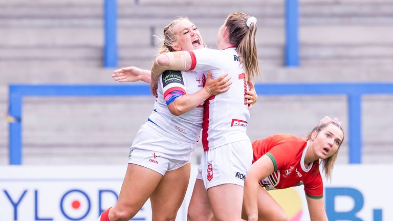 England celebrates another  try against Wales.