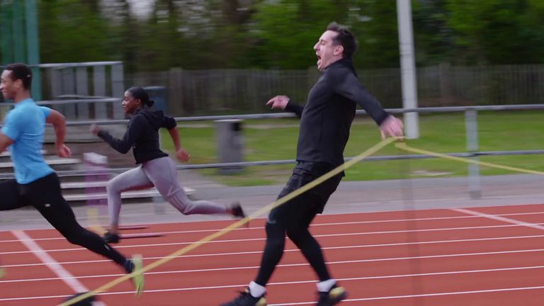 Neville took on 200m world champion Asher-Smith - and it ended rather badly for the Sky Sports pundit! (Pictures courtesy of Sky Bet)