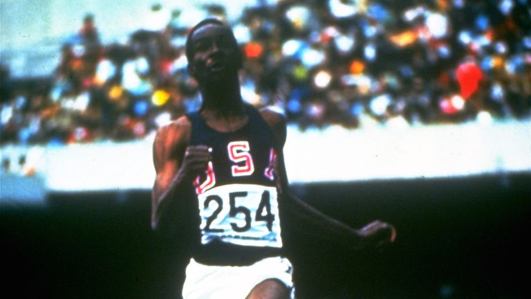 Beamon during his record-breaking long jump that won him his only Olympic medal