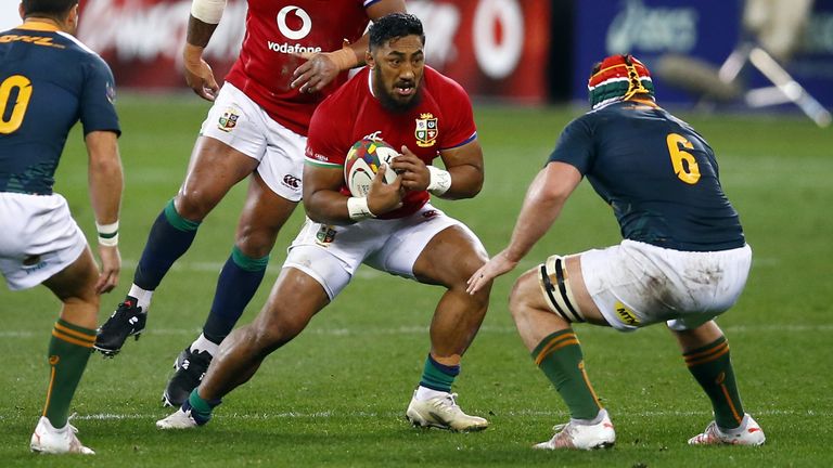 Bundee Aki runs at the South Africa 'A' defence
