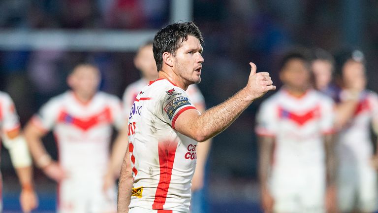 Lachlan Coote thanks the St Helens fans for their support after victory over Wakefield.