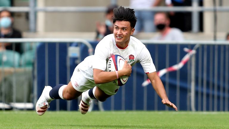 Marcus Smith dives over for a second-half try for England
