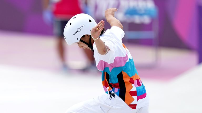 Nishiya in action during the women's street final at the Ariake Urban Sports Park
