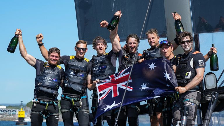 The Australian team celebrating their victory on the water (Image Credit: Bob Martin for SailGP)