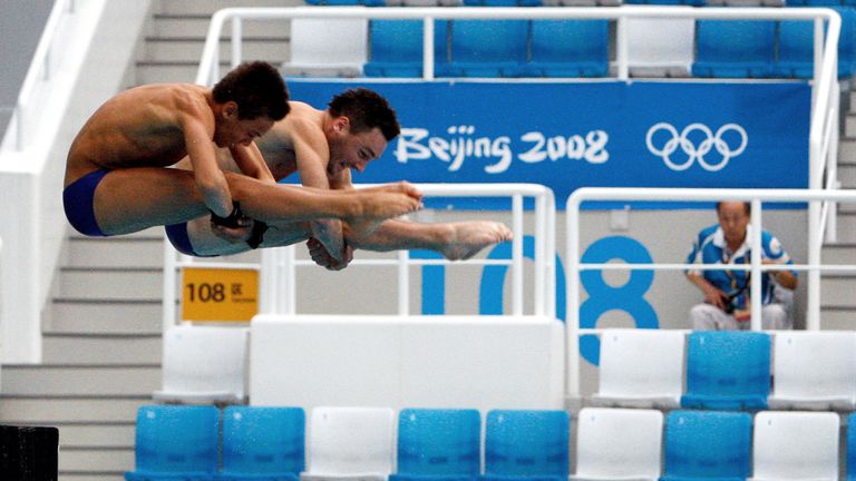Teenage sensation Tom Daley (L) and partner Blake Aldridge (R) practice for their synchro final at the Beijing Olympics in 2008