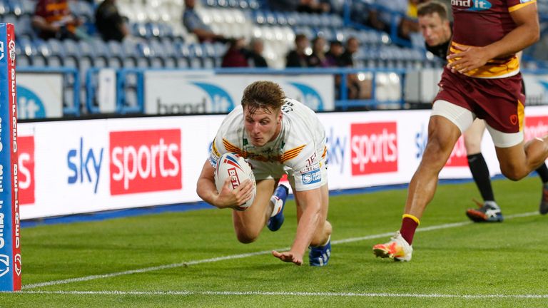 Tom Davies goes over for a try in Catalans' win at Huddersfield