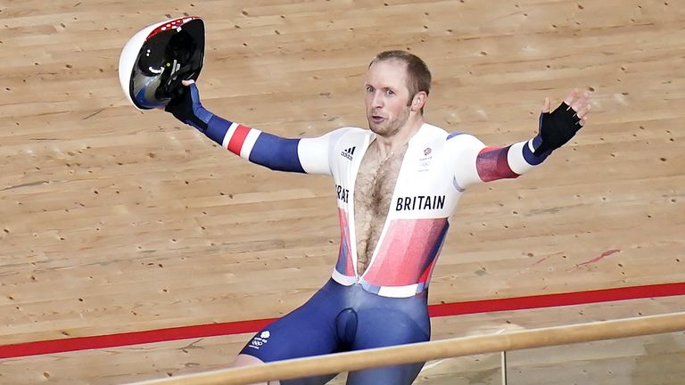 Kenny celebrates after winning gold in the Men's Keirin final in Tokyo