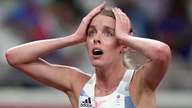 Keely Hodgkinson reacts after her second-place finish in the final of the women's 800m. (AP Photo/David Goldman)