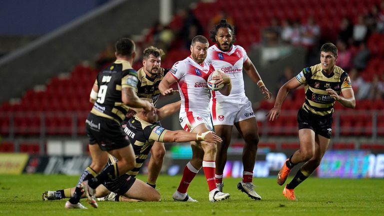 Kyle Amor is tackled by Leigh Centurion Jack Ashworth