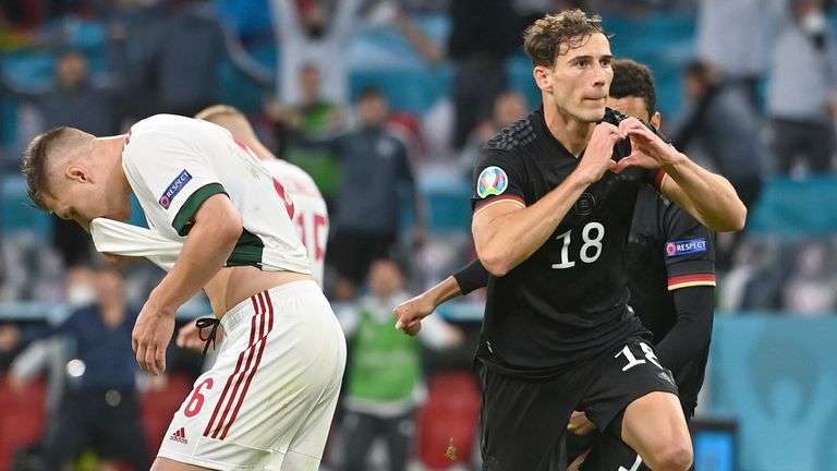 Leon Goretzka celebrates his equaliser for Germany that eliminated Hungary from Euro 2020 in June