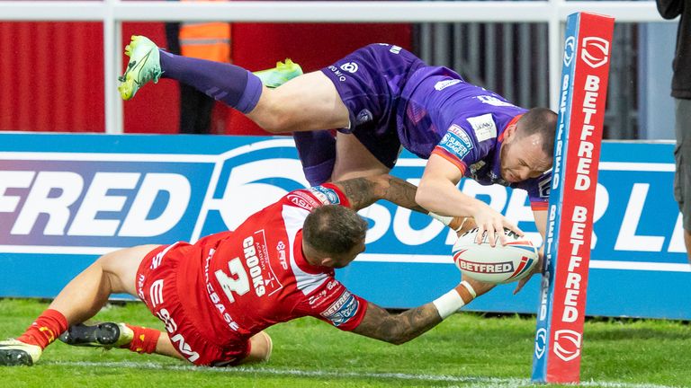 Liam Marshall scored two tries for Wigan, including this spectacular effort