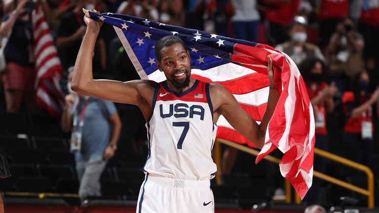 Kevin Durant, who scored a game-high 29 points, joins Carmelo Anthony as the only three-time basketball gold medallists in Olympic history