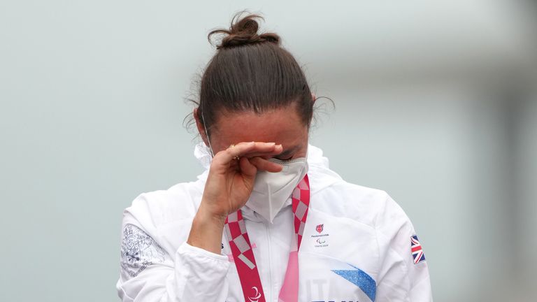 A visibly emotional Storey finished ahead of Great Britain team-mate Crystal Lane-Wright who claimed silver