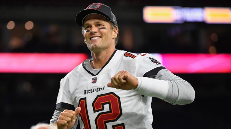 Tom Brady celebrates after leading the Tampa Bay Buccaneers to victory in Super Bowl LV in his first season with the team
