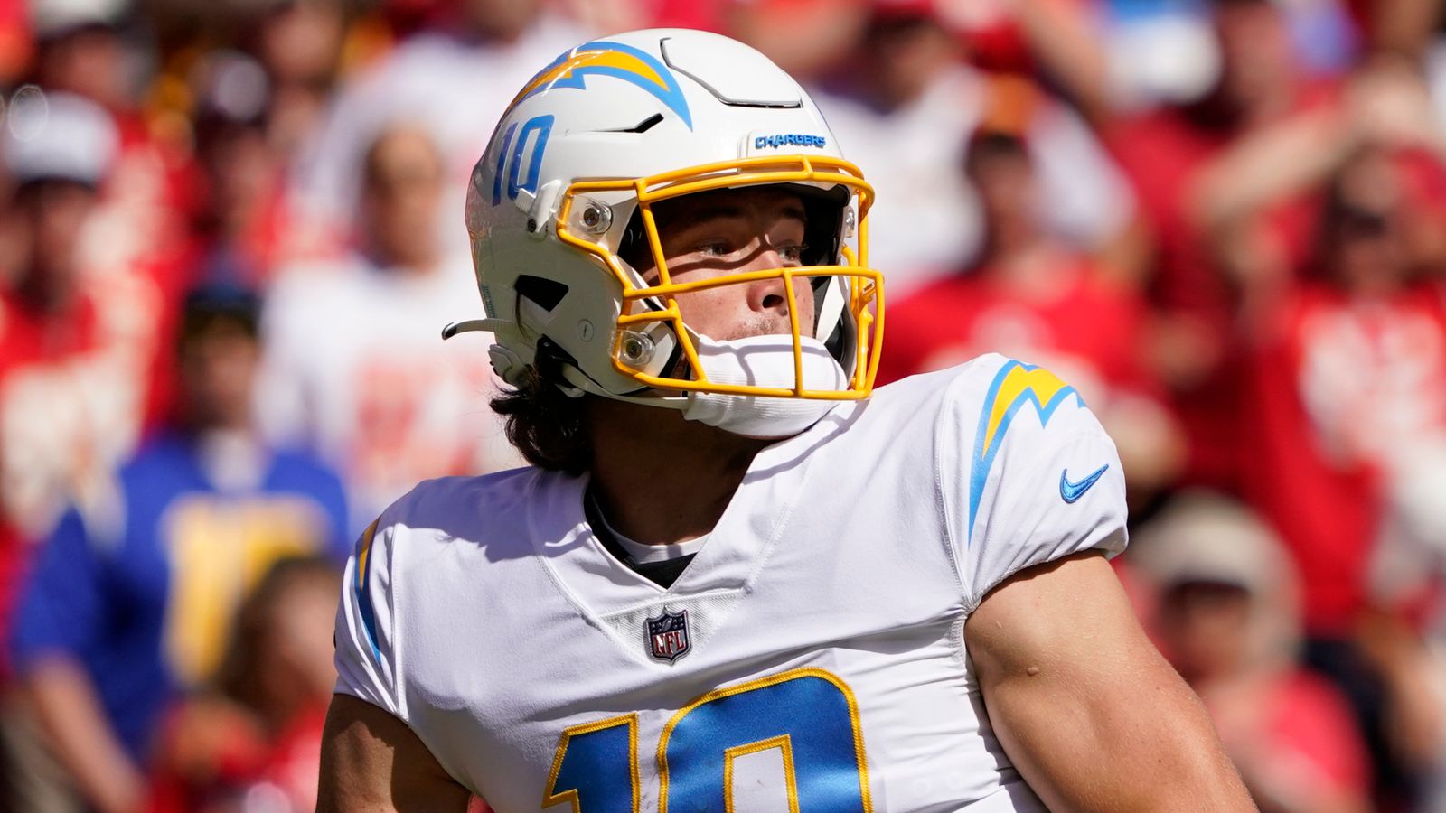 AFC quarterback's Mac Jones of the New England Patriots (10), left, Justin  Herbert of the Los Angeles Chargers (10), and Patrick Mahomes of the Kansas  City Chiefs (15) during the first half