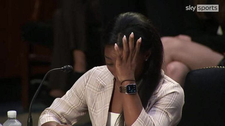 US Olympic gymnast Simone Biles testifies during a Senate judiciary hearing about the Inspector General's report on the FBI handling of sex abuse claims against disgraced former team doctor Larry Nassar