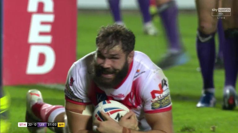 Alex Walmsley powered through the Leeds Rhinos defence to score this try for St Helens in Super League last year.