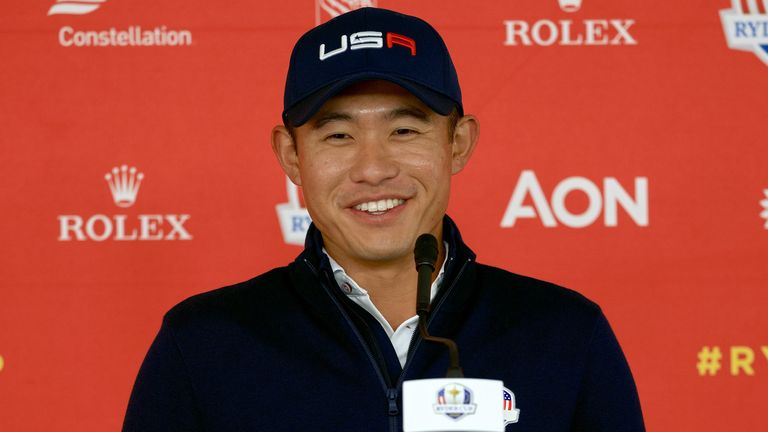 Collin Morikawa speaks to the media at Whistling Straits