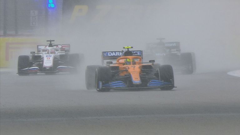 Lando Norris' race fell apart in the final stages after a late downpour resulted in the McLaren driver spinning off the track and losing the lead.