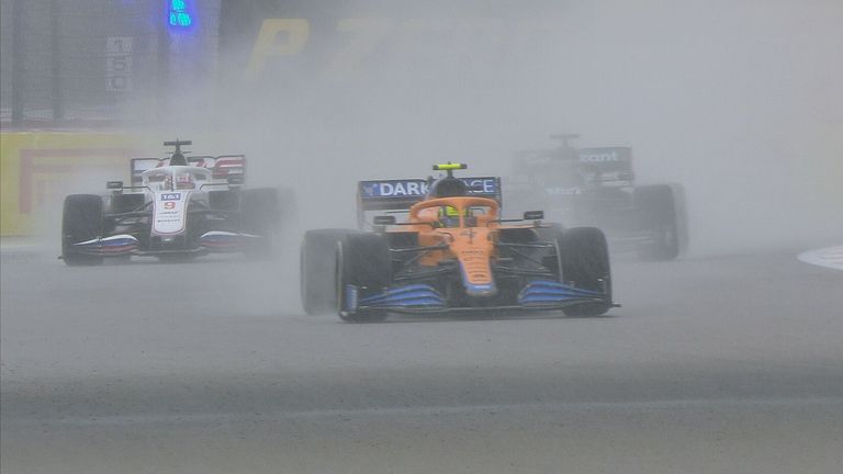 Lando Norris' race fell apart in the final stages after a late downpour resulted in the McLaren driver spinning off the track and losing the lead