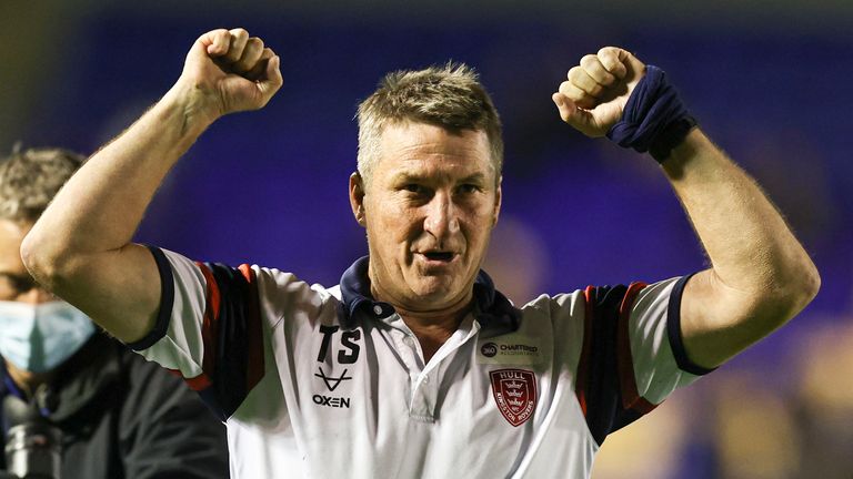 Tony Smith celebrates Hull KR's shock play-off win over Warrington