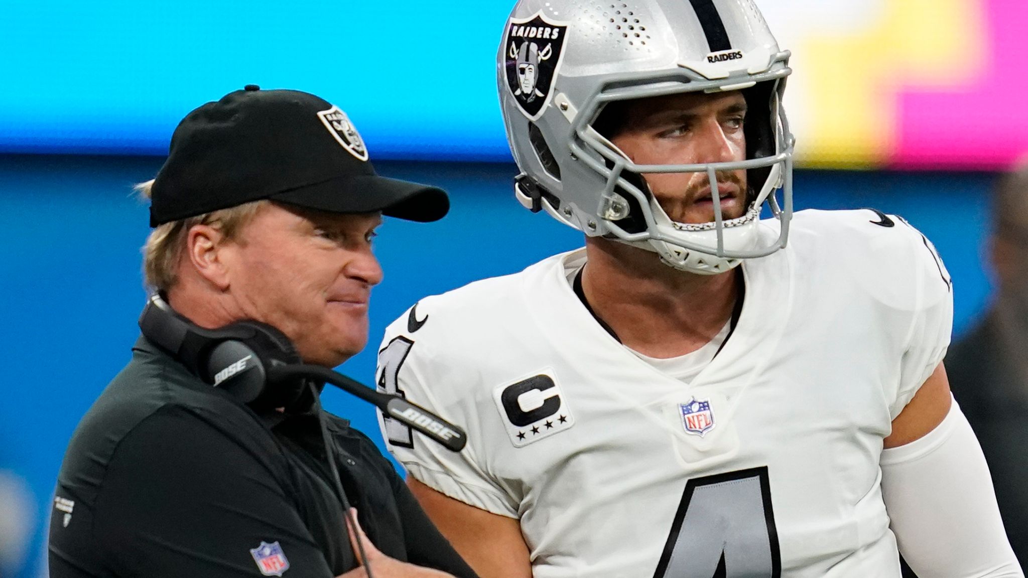 East Rutherford, United States. 06th Dec, 2020. Las Vegas Raiders head  coach Jon Gruden stands on the sidelines while Derek Carr walks to the  bench in the first half against the New