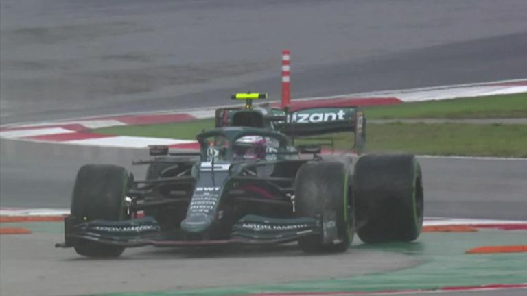 Sebastain Vettel spins off track in his Aston Martin during practice three at the Turkish Grand Prix. 