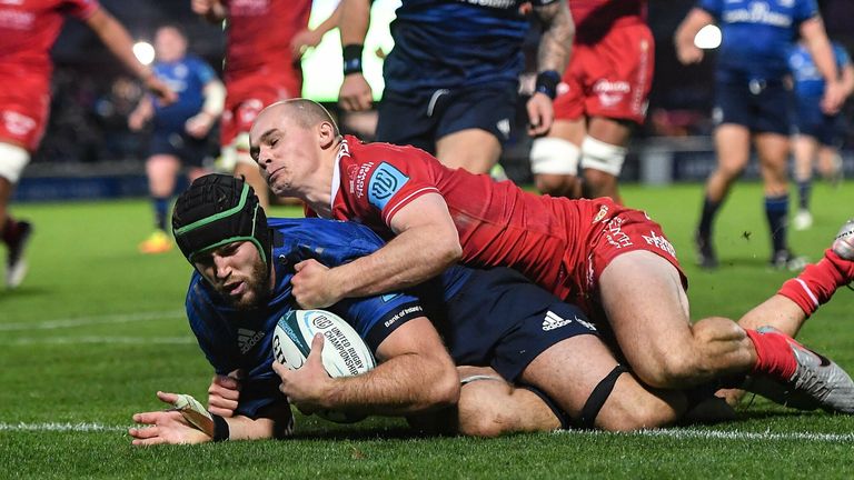 Caelan Doris dives over for Leinster's fourth try in their win at home to Scarlets