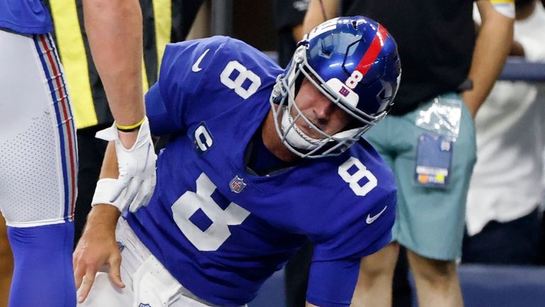 New York Giants quarterback Daniel Jones was rocked by a heavy hit late in the first half and left the game with a concussion