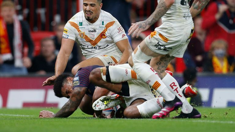 St Helens man of the match Kevin Naiqama goes over for his second try