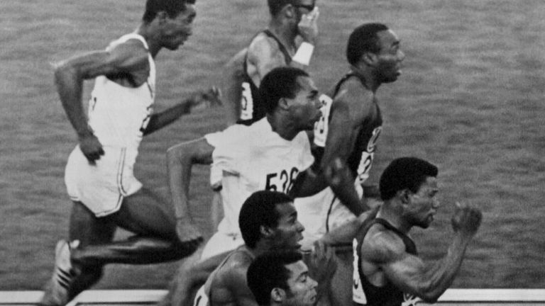 Pender (right) made a quick start in the 1968 Olympic 100m final which was won by Jim Hines